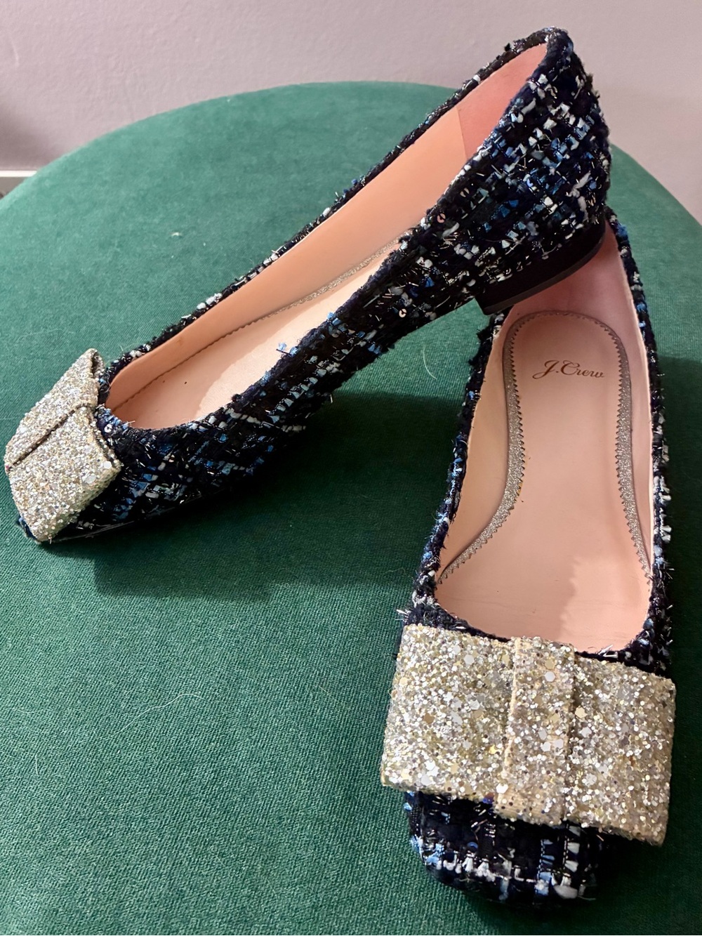 J Crew poppy tweed plaid bow silver glitter ballet flats shoes 8